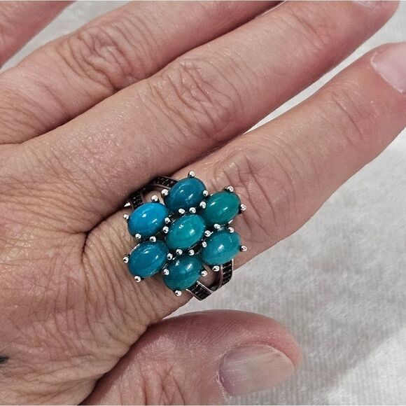 Blue Ethiopian opal and Black Spinel ring in Sterling Silver. - Picture 6 of 6